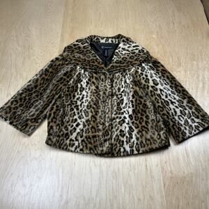 INC Faux Fur Leopard Print Jacket Womens Medium Brown Tan Button Front